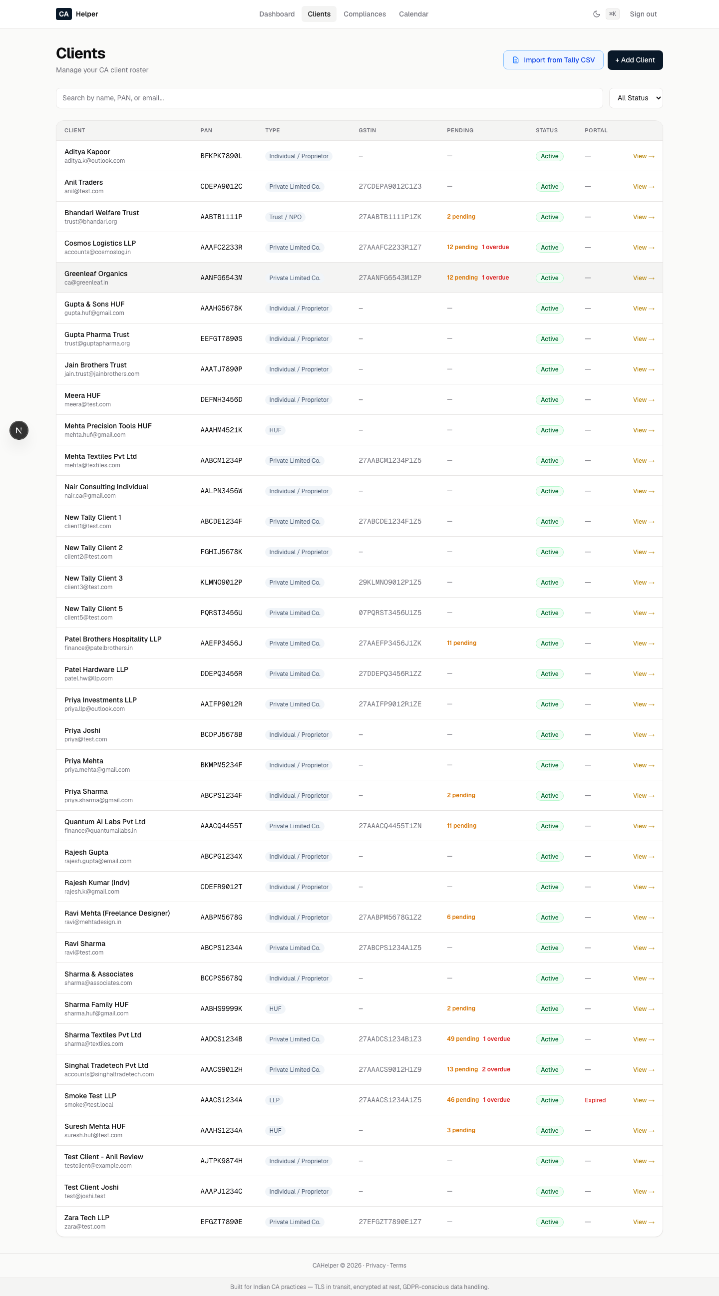 CAHelper clients list — 36 Indian CA clients with PAN, GSTIN, status, and portal access